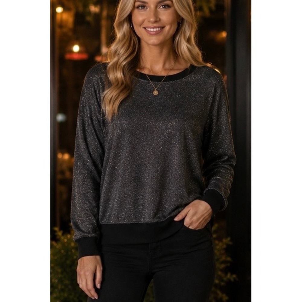 Grace & Lace Womens Sweatshirt Black Metallic Large Sparkly Shimmer Pullover L